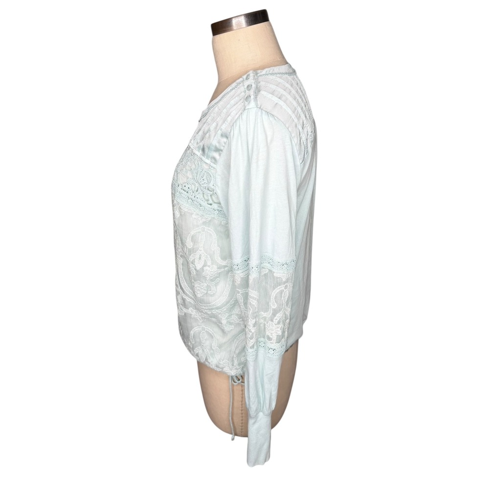 TINY Anthropologie Light Blue Satin Lace Long Sleeve Blouse Women's Size Large - Picture 2 of 5